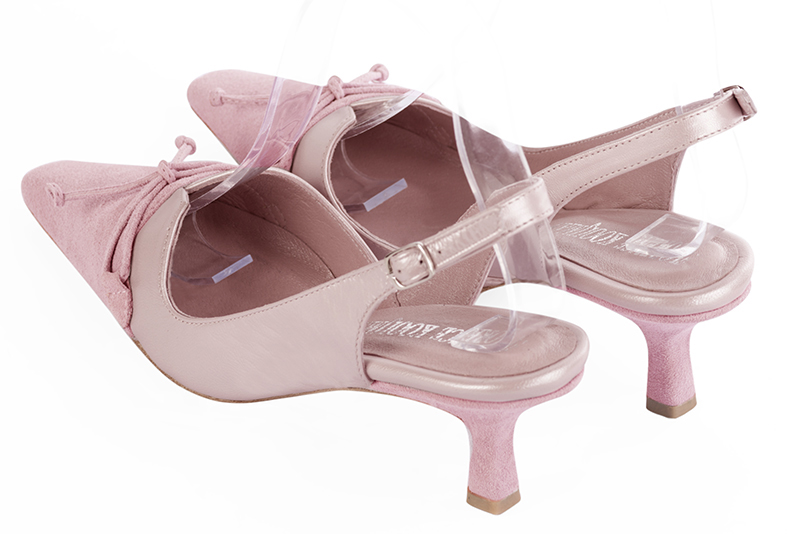 Light pink women's open back shoes, with a knot. Tapered toe. Medium spool heels. Rear view - Florence KOOIJMAN